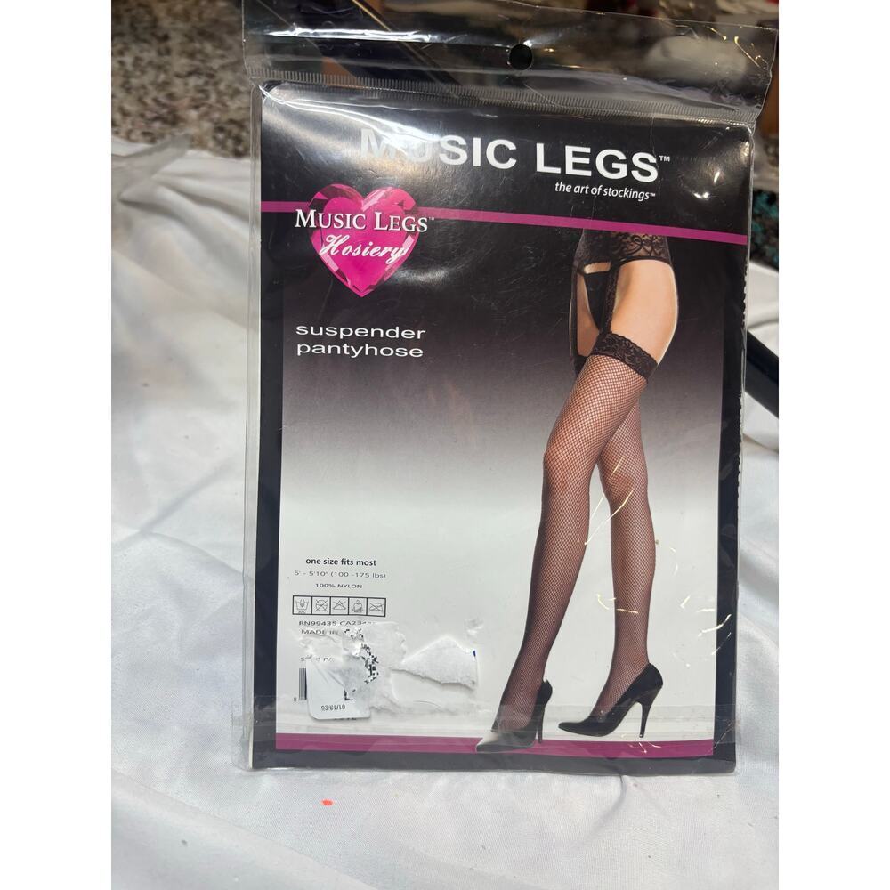 Music Legs Style 7900 Black Fishnet Suspender Pantyhose – One Size - Picture 2 of 3